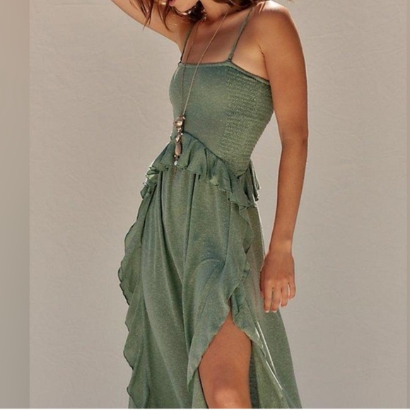 FREE PEOPLE Myra Maxi Dress Green ruffled spaghetti strap details XS NWT - Picture 2 of 16